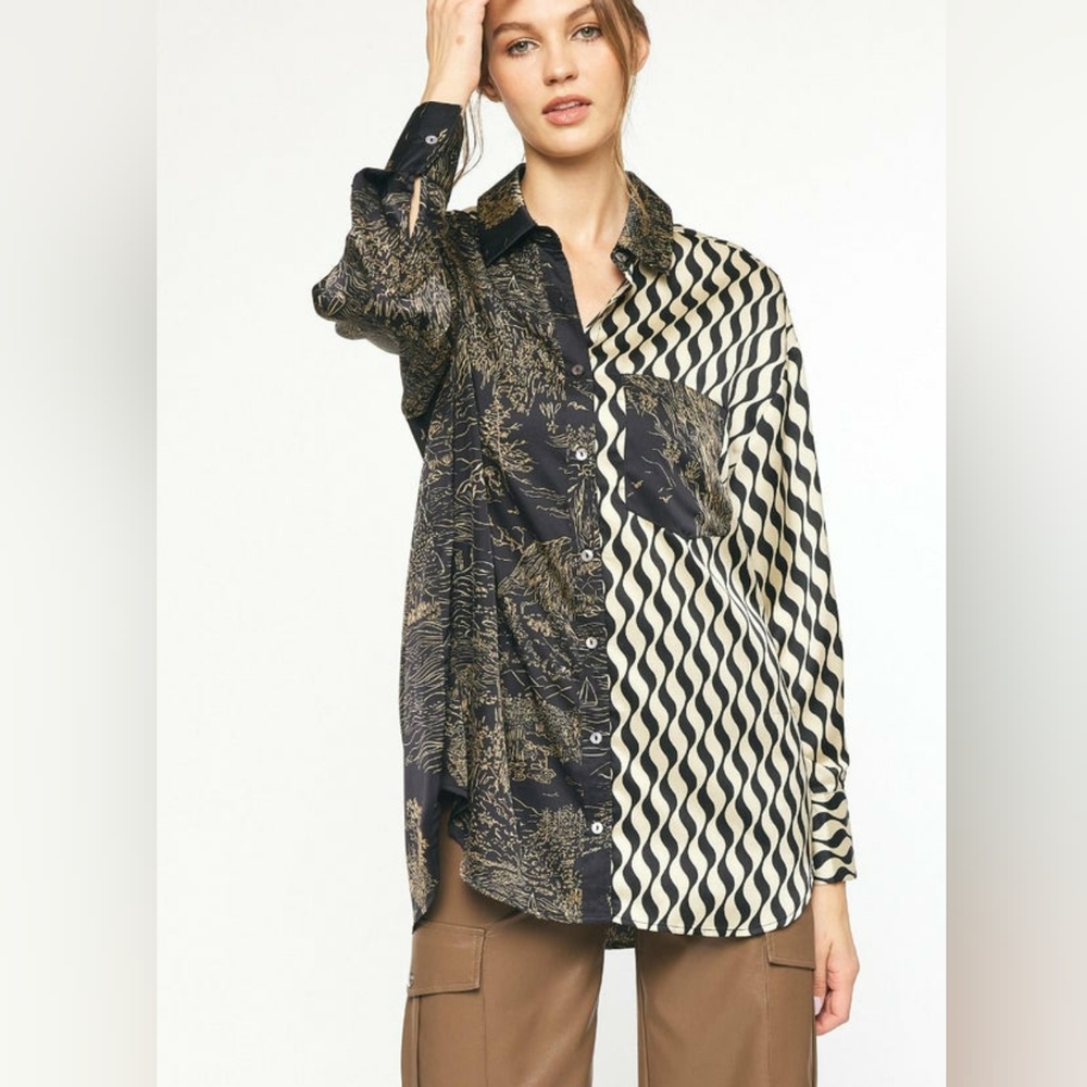 CLEARANCE Mixed Print Long Sleeve Button-Up